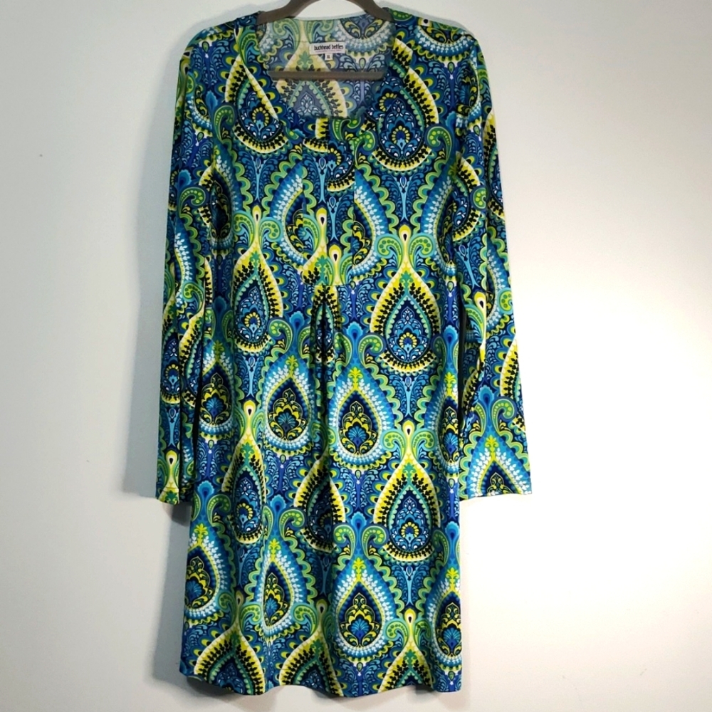 Buckhead Betties Shift Dress Size XL Midi Long Sleeve Peacock Print Spring